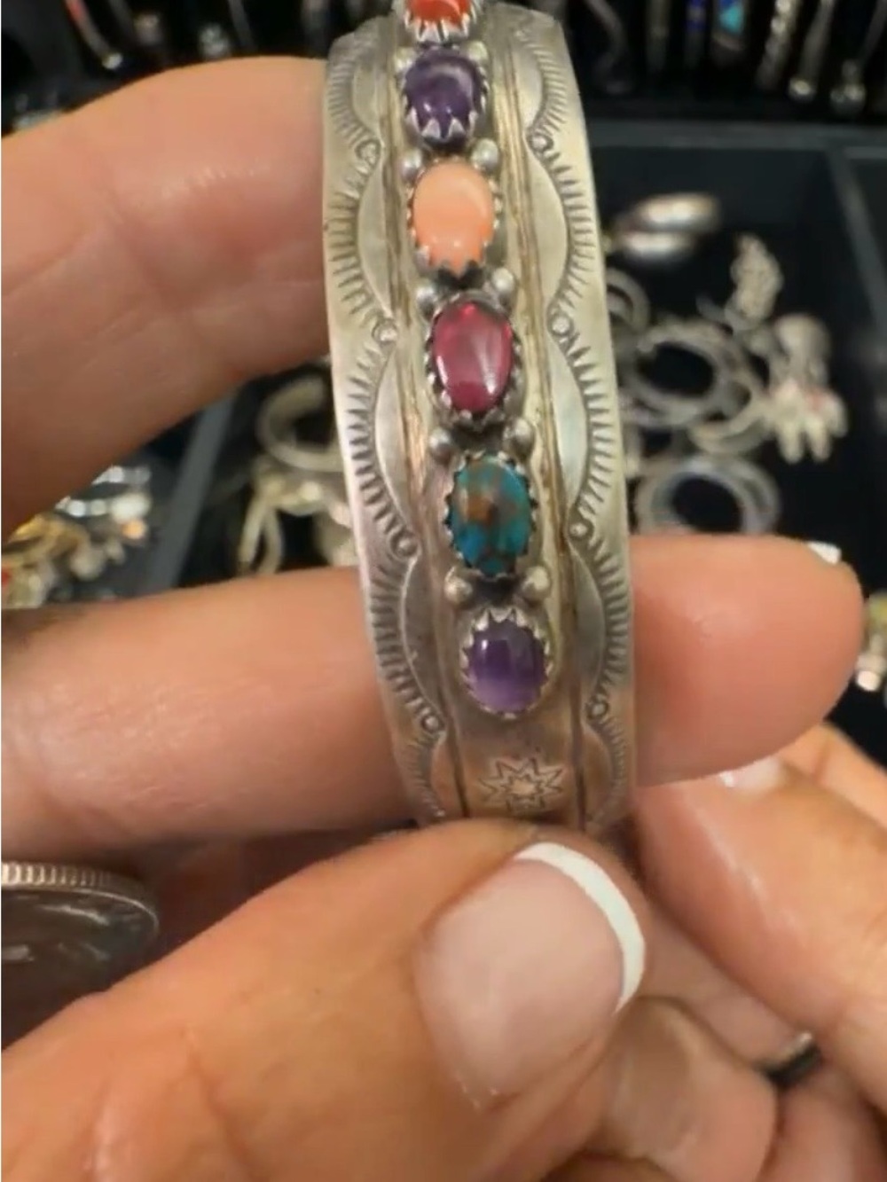 Multistone Sterling Silver Cuff Bracelet - Colorful Gem Accents Yazzie